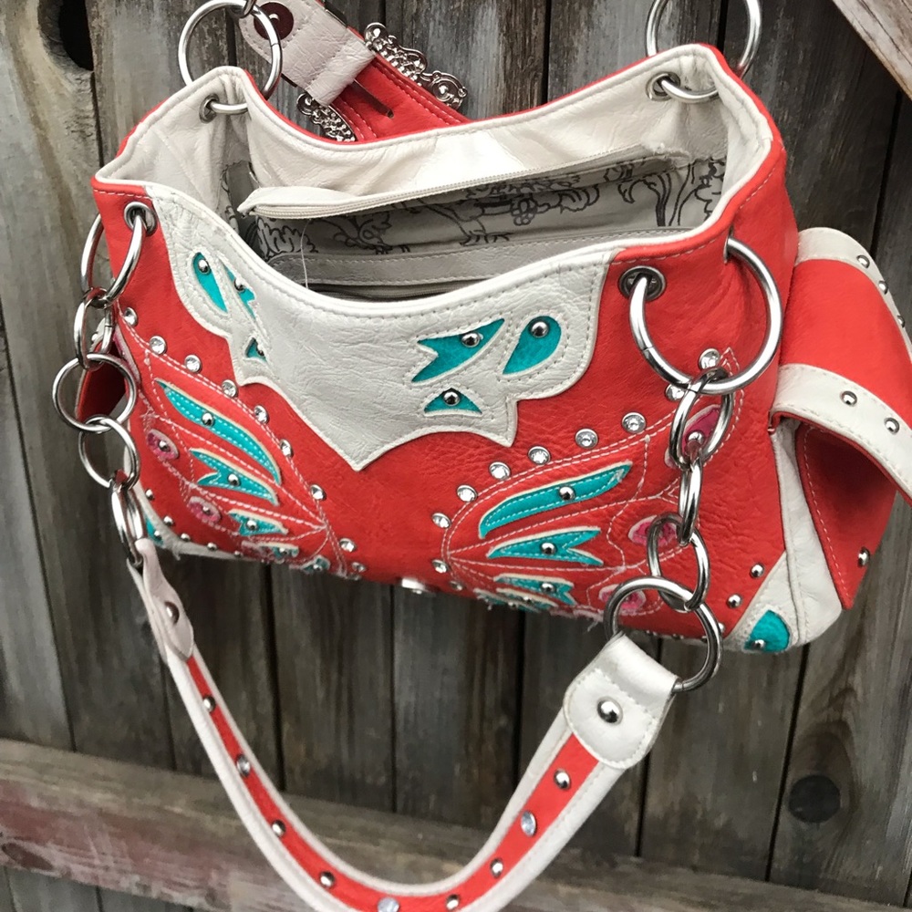 Darling orange, cream and torquois purse w/ bling - Picture 5 of 8